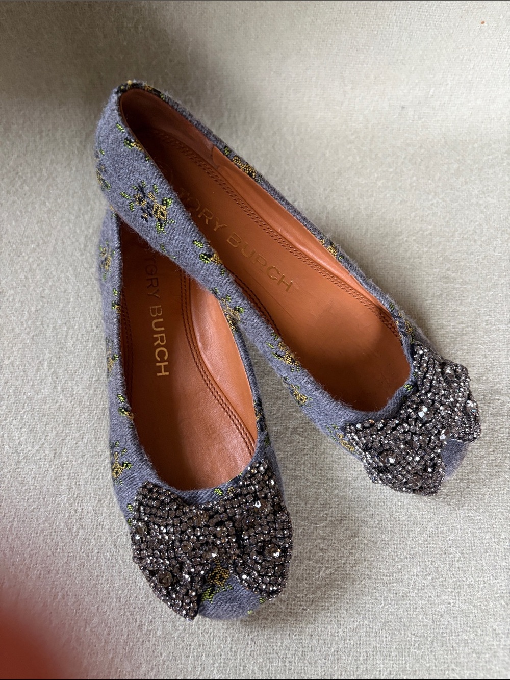 Tory Burch Gray Wool Crystal Bow Flats